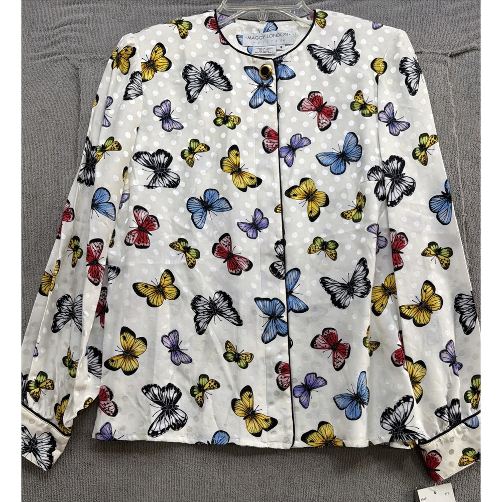 Maggy London Butterfly Print Silk Blouse‎ Polka Dot Whimsy Petite Top 4P NWT